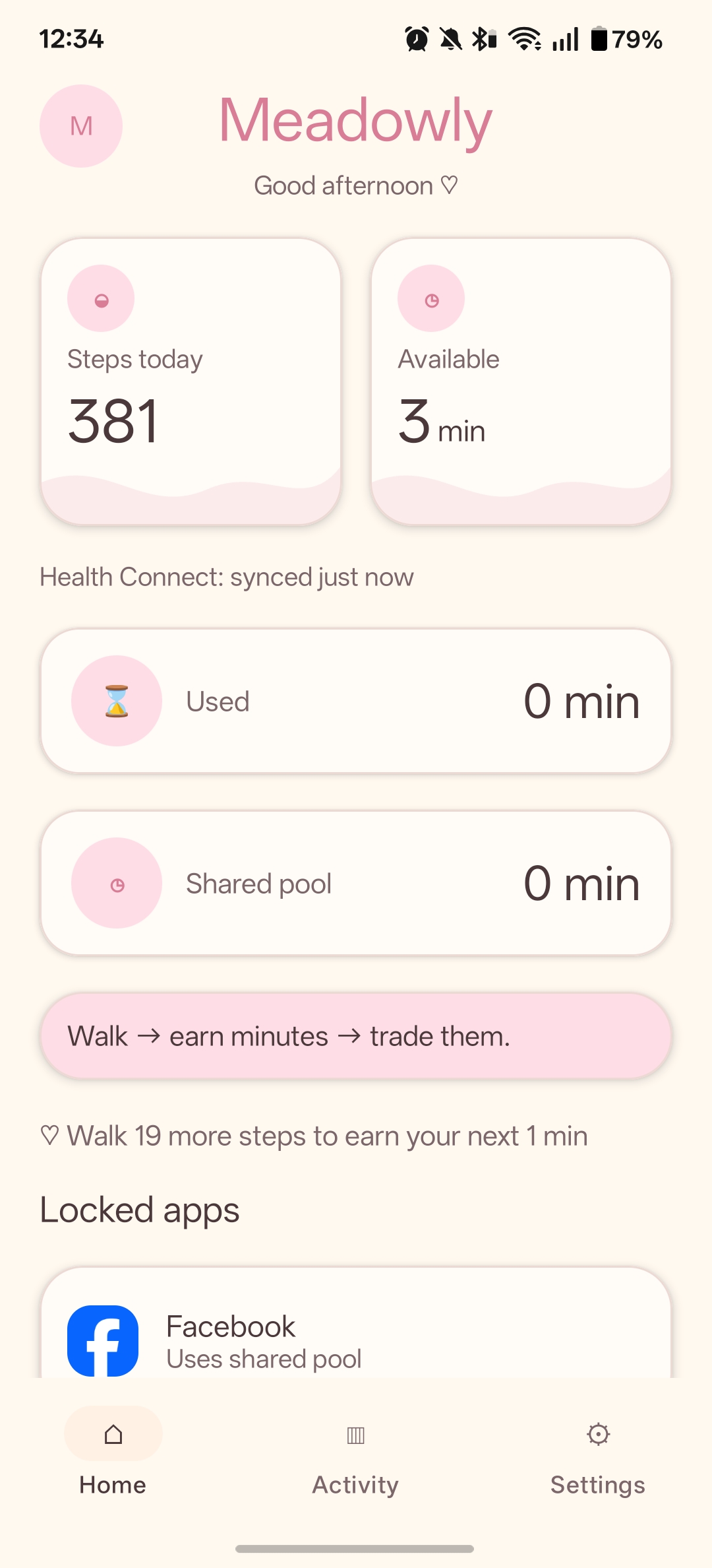 Meadowly home screen showing steps, available minutes, used minutes, shared pool, and locked apps